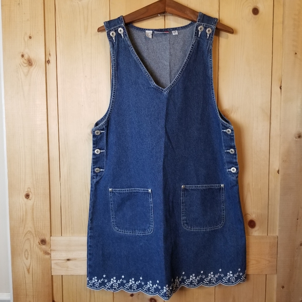 J.L.N.Y. Cotton Embroidered Scallop Hem Denim Jumper Dress